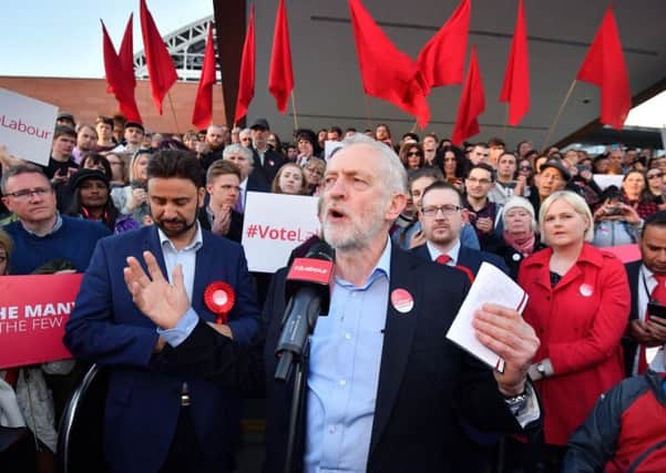 Labour leader Jeremy Corbyn speaks during a Momentum rally outside Manchester Central. Picture: Anthony Devlin/Getty Images