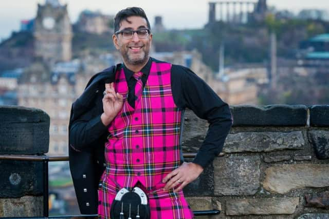 Sanjeev Kohli sports the new pink Hogmanay tartan, Picture: Ian Georgeson