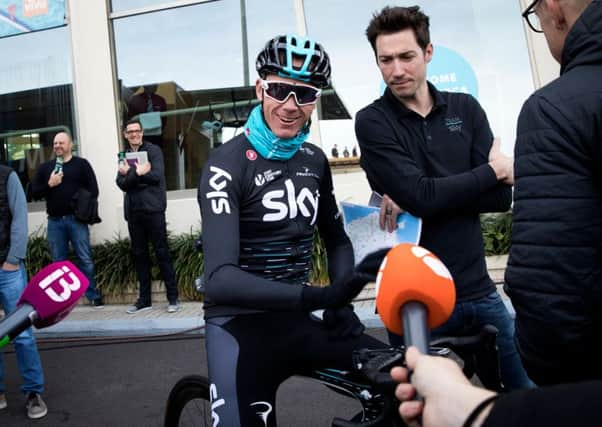 British cyclist Chris Froome smiles at journalists before a training session in Port de Alcudia on the Spanish island of Majorca. Picture: AFP/Getty