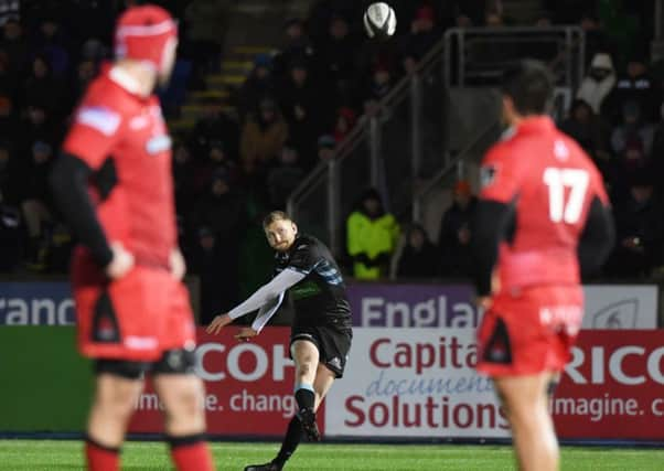 Glasgow stand-off Finn Russell kicks a penalty against Edinburgh. Picture: SNS/SRU