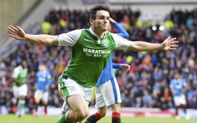 Hibernian's John McGinn celebrates after opening the scoring. Picture: SNS/Rob Casey