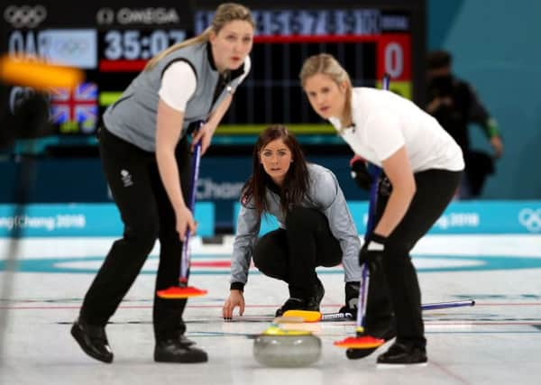 Eve Muirhead is a picture of concentration during the Women's Round Robin Session 1 match with the OAR. Picture: PA