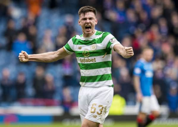 Kieran Tierney celebrates after Celtic defeat Rangers 3-2 at Ibrox. Picture: SNS Group