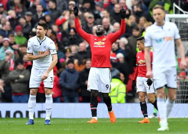 Romelu Lukaku celebrates scoring for Manchester United against Swansea. Picture: SNS.