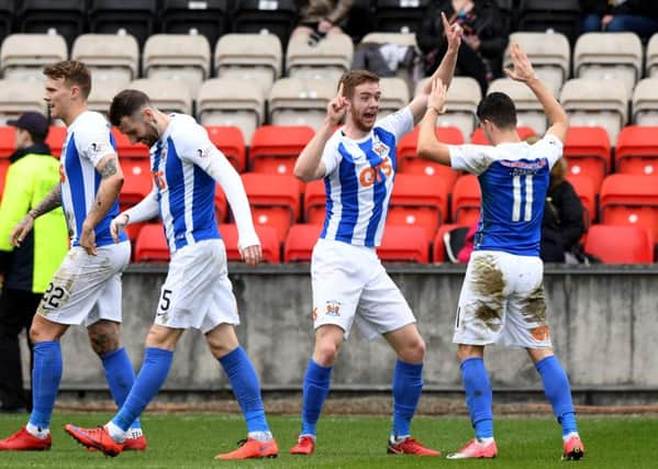 Kilmarnock's Stuart Findlay celebrates his goal with Jordan Jones. Picture: SNS/Gary Hutchison