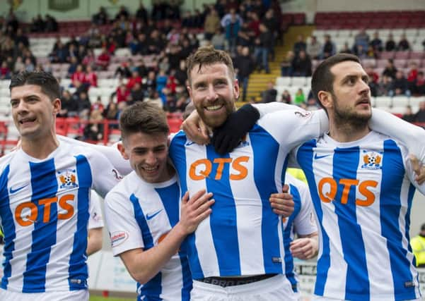 Kilmarnock's Kirk Broadfoot celebrates his goal with teammates. Picture: SNS/Alan Harvey