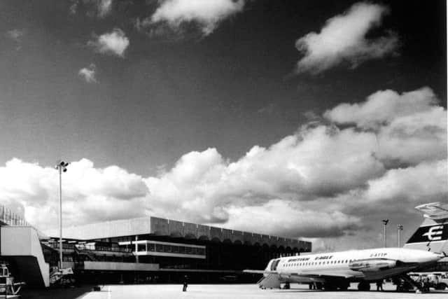 A British Eagle BAC 1-11 on the opening day - 2 May 1966. The airline was the first to operate jet aircraft between the airport and Heathrow.