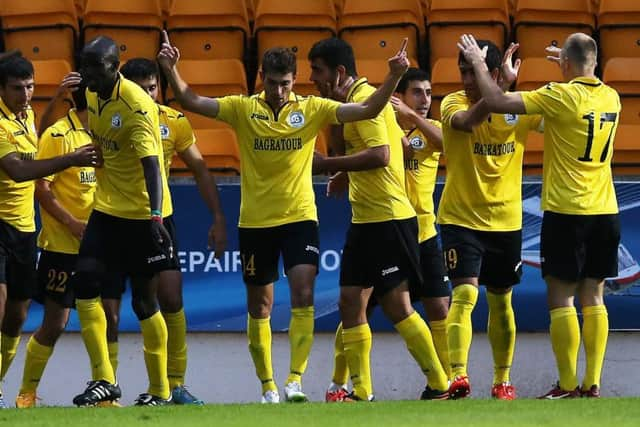 Norayr Gyozalyan of Alashkert celebrates after scoring against St Johnstone at McDiarmid Park. Picture: Getty Images