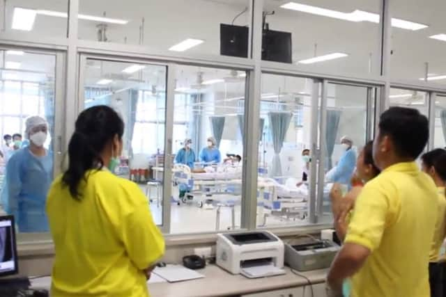 Members of the "Wild Boars" football team being treated at a hospital in Chiang Rai.
 Picture: Getty Images