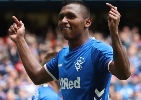 Alfredo Morelos celebrates after scoring Rangers' opening goal in the pre-season friendly against Wigan at Ibrox.