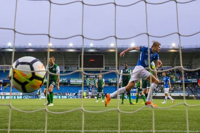 Molde striker Erling Braut Haaland celebrates scoring his second goal, to make it 3-0 against Hibernian at the Aker Stadium. Picture: Svein Ove Ekornesvaag/NTB Scanpix via AP