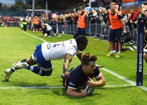 Edinburgh's Chris Dean scores the hosts' only try against Bath. Picture: Gary Hutchison/SNS/SRU