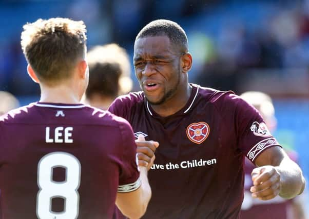 Uche Ikpeazu celebrates after Hearts' 1-0 win over Kilmarnock on Saturday. Picture: SNS