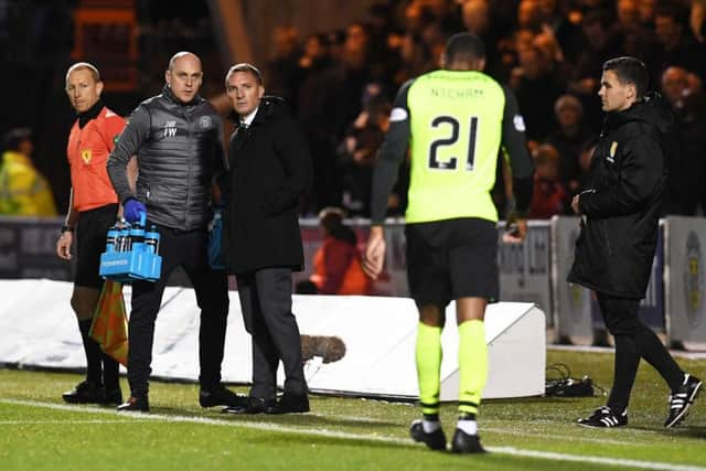 Celtic manager Brendan Rodgers looks on as Olivier Ntcham is sent off. Picture; SNS