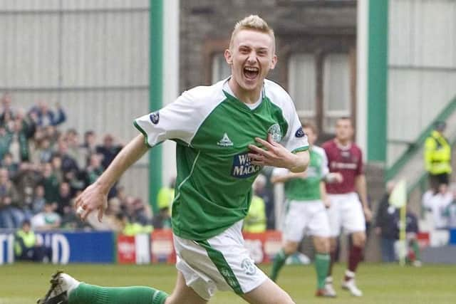 Derek Riordan celebrates as Hibs defeat Hearts at Easter Road in April 2006. Picture: SNS