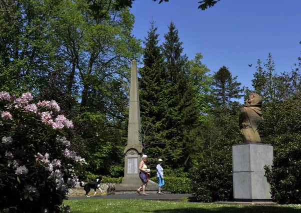 Duns Public Park with memorial to John Duns Scotus "The Sublte Doctor" and the War Memorial.