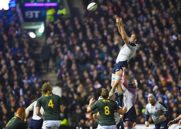 Scotland's Jonny Gray clutches the line-out ball. Pic: SNS/SRU/Gary Hutchison