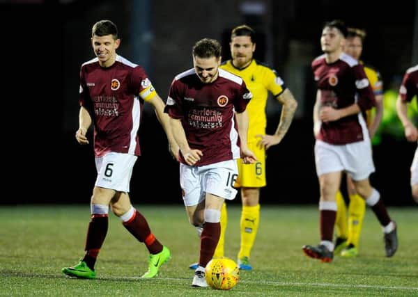 Stenhousemuir FC v Falkirk FC. Scottish Cup 3rd round. Stenhousemuir third goal, Sean Dickson 16. (picture: Michael Gillen)