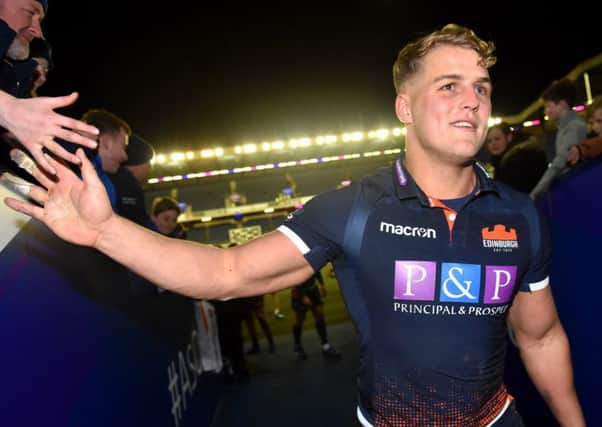 South African Duhan van der Merwe receives the plaudits of the Edinburgh fans at full-time after his two tries. Picture: SNS/SRU