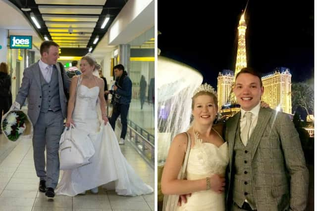 Sarah Elliott, 34, and Paul Edwards, 36, who met on a dating app on 15th December - meet in person for the first time as they fly off to Las Vegas from Gatwick to get married. Picture: SWNS