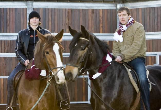 Saulius Mikoliunas and Arkadiusz Klimek promoting Hearts' Race Day in 2006. Picture: SNS