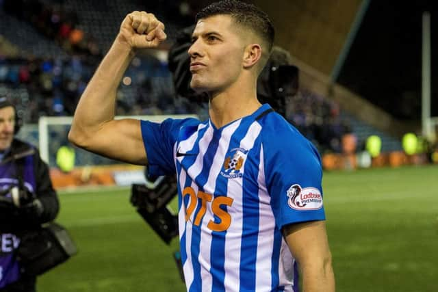 Jordan Jones celebrates at full-time after Kilmarnock defeated Rangers. Picture: SNS