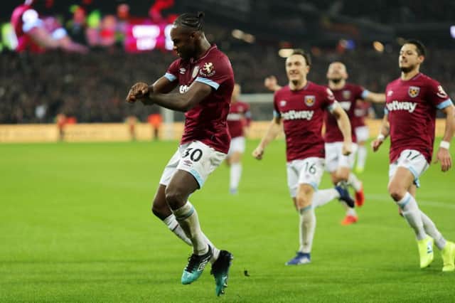 West Ham Uniteds Michail Antonio indulges in a Gangnam Style celebration after drawing his team level against  Liverpool. Picture: Getty.