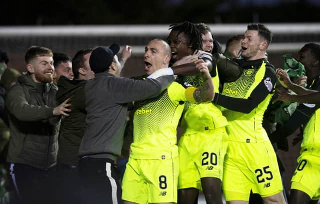 Scott Brown celebrates his late winner against Kilmarnock at Rugby Park. Picture: Gary Hutchison/SNS