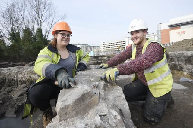 Pic - Greg Macvean - 
Cala Homes development on Ocean Drive across from Ocean Terminal where archaeological excavation of the Old West (Queen's) Dock are revealing part of the port's Napoleonic defences - Archaeologists from EOC Lucy Shinkfield and Harry Francis