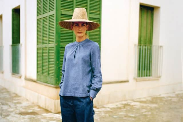 Mei wide brim straw hat, £69, mini dogtooth soft cotton shirt, £135, carpenter jeans £125, www.toa.st/uk