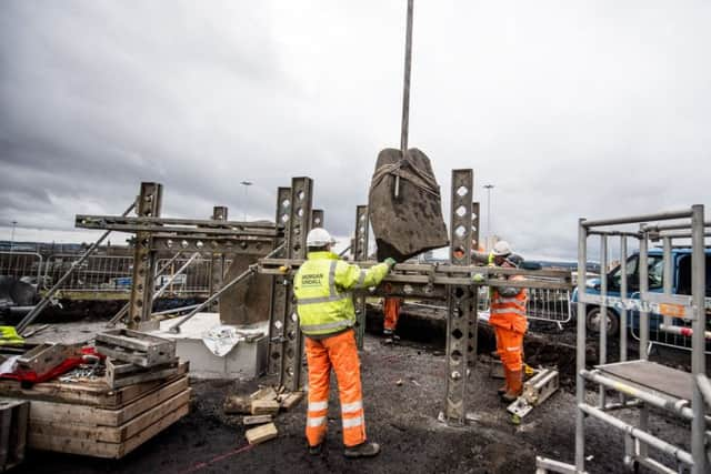 Works to raise the megaliths into place on their the custom-built platform is continuing over the next few days, with the final stone to be erected in time for the spring equinox. Picture: John Devlin