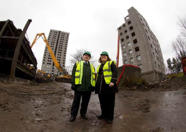 Sanctuary Scotlands vice-chairperson Alex Clark and Councillor Heather McVey in front of Stuart House and Elliot House