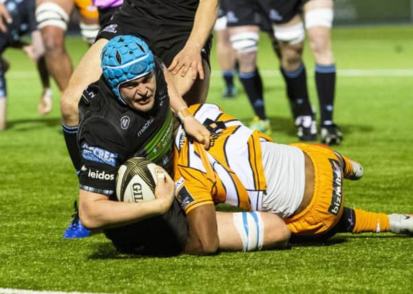 Glasgow lock Scott Cummings goes over for the fifth and final try of the evening, following good attacking play. Picture: SNS/SRU.