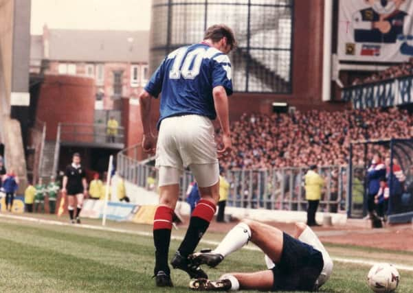 The aftermath of Duncan Ferguson's headbutt on Raith Rovers' Jock McStay at Ibrox on April 16 1994. Picture: Neil Hanna / TSPL