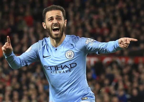 An ecstatic Bernardo Silva celebrates opening the scoring at Old Trafford. Picture: Jon Super/AP