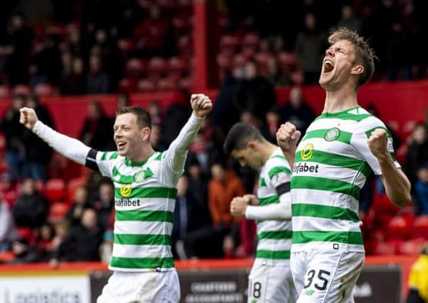 04/05/19 LADBROKES PREMIERSHIP
ABERDEEN v CELTIC
PITTODRIE - ABERDEEN
Celtic's Kristoffer Ajer and Callum McGregor (left) celebrate at full time