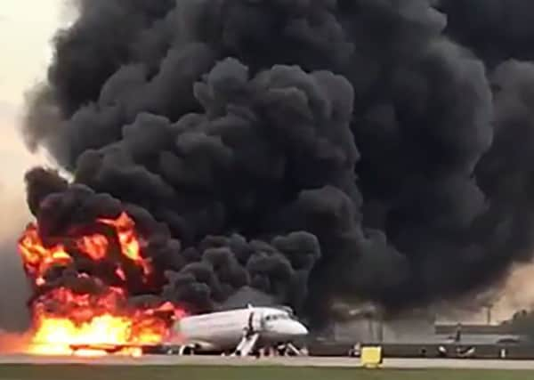 Images of the Russian-made Superjet-100 on fire at Sheremetyevo airport outside Moscow.  Picture: Getty Images