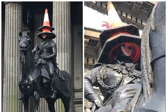 The face of Lewis Capaldi adorned the Duke of Wellington statue on Thursday. Picture: Steven Stark/Twitter