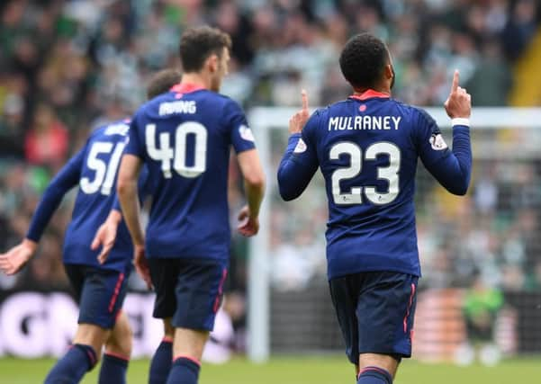 Hearts' Jake Mulraney celebrates his equaliser. Pic: SNS