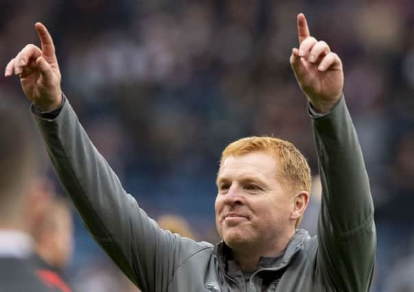 Celtic manager Neil Lennon celebrates at full time. Pic: SNS/Alan Harvey