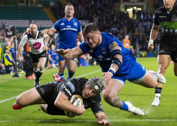 Glasgow Warriors' Grant Stewart goes over to score a try at Celtic Park. Pic: SNS/SRU/Gary Hutchison