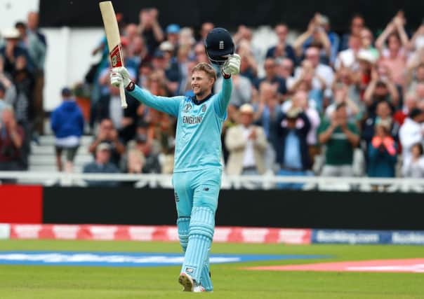 Joe Root celebrates his century at Trent Bridge yesterday but England fell 14 runs short of overhauling Pakistans total of 348. Picture: Getty