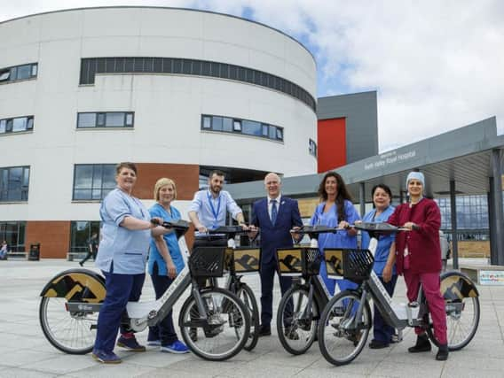 (left to right) NHS Staff Linda MacIntosh, Ruth Ashwood and Paul Hendry, Minister Joe FitzPatrick, and NHS Staff Linette McGeever, Val Anderson, and Dr Sonia Allam, at the launch.