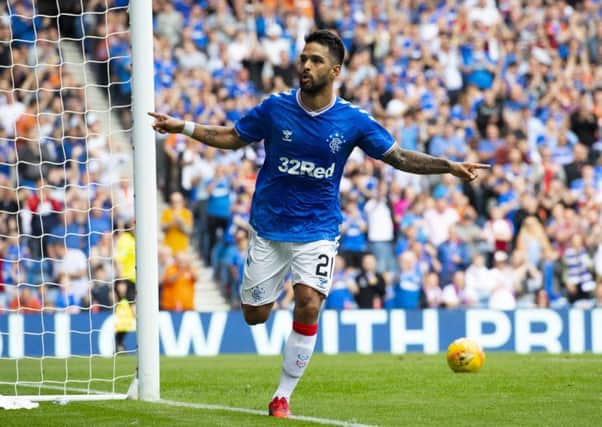 Daniel Candeias celebrates his second goal against Marseille at Ibrox. Picture: SNS