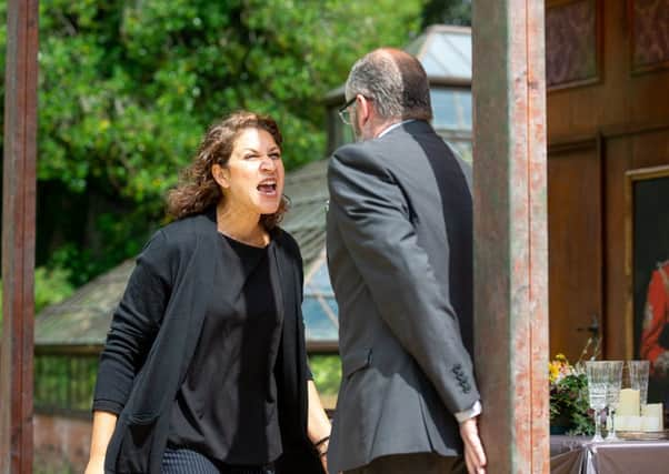 Nicole Cooper as Hamlet & Alan Steele as Polonius in Gordon Barr's production of Hamlet at Bard in the Botanics. PIC: Tom Duncan