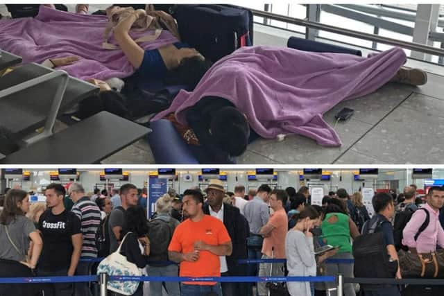 Passengers wait in long queues at Heathrow Airport. Pictures: PA