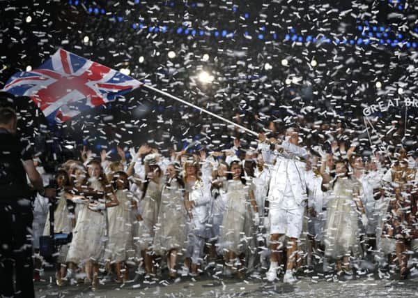 Britain's flagbearer Chris Hoy at the opening ceremony of the London 2012 Olympic Games. Picture: Matt Dunham/AFP/Getty Images