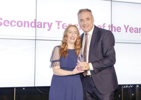 Toni Scullion of St Kentigerns Academy at 2018 SWiT Awards with MSP Richard Lochhead. Picture: David Ho