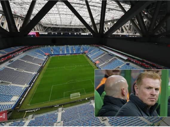 Zenit's Gazprom Arena home and, inset, Celtic boss Neil Lennon