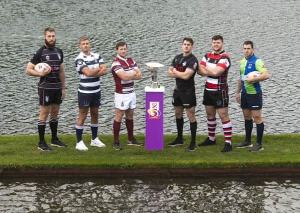 The Super 6 captains, from left, Pete McCallum (Ayrshire Bulls), Iain Wilson (Heriots), Lee Millar (Watsonians), Craig Jackson (Southern Knights), Reyner Kennedy (Stirling County) and Chris Laidlaw  (Boroughmuir Bears) launch the new competition. Picture: SNS/SRU.